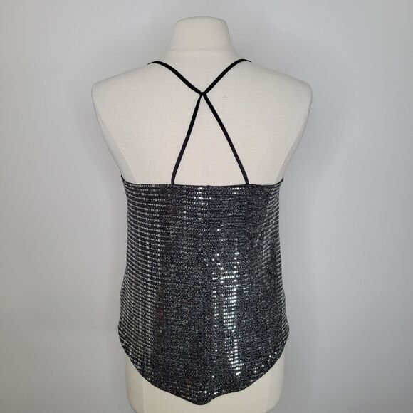 CHELSEA28 Sequin Cami Top Size S Silver Mirrored Dainty Crisscross Strappy - Picture 3 of 7
